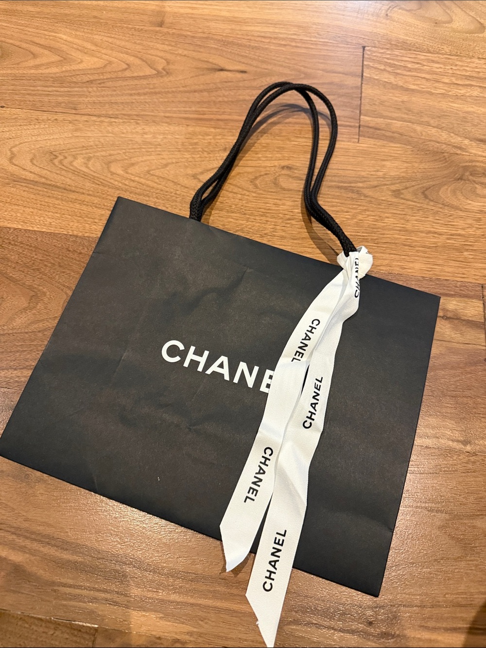 Small CHANEL Black Tote with White Branded Ribbon